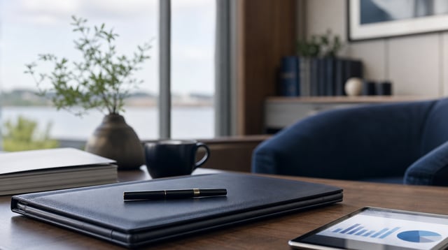 Advisory office desk with leather portfolio folder, pen, and tablet showing abstract charts