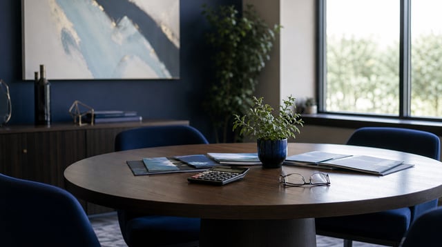 Advisory meeting table with a calculator, glasses, and face down brochures in soft light