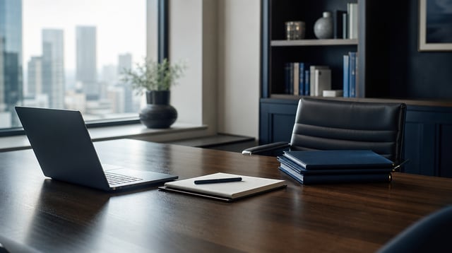 Desk in an investment consultancy office with laptop and folders in natural light