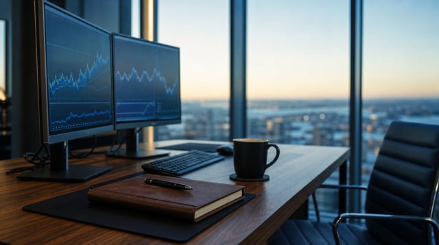 Investment office desk with monitors showing soft blue market charts in morning light