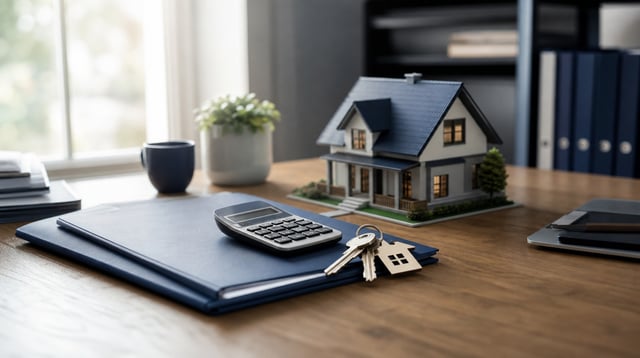 Mortgage lending desk with folders, keys, and a model house