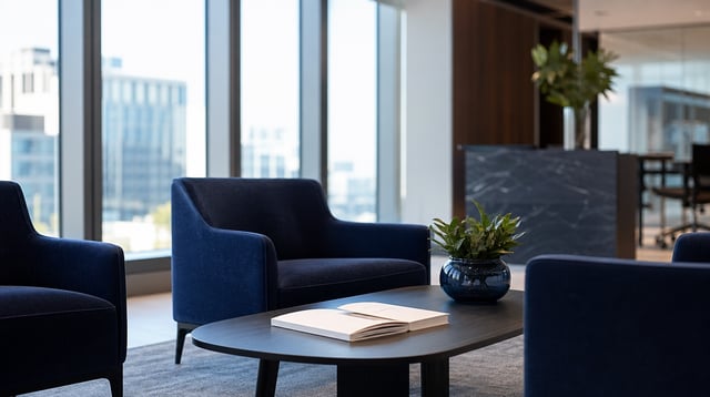 Modern advisory office lobby with navy chairs and tall windows