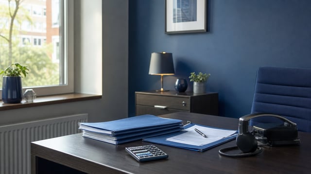 Desk in a small mortgage office with loan folders, a headset, and a calculator in soft natural light