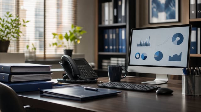 Insurance agency desk with policy binders and a monitor in daylight