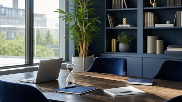 Bright advisory meeting room with notebooks and laptop in soft daylight