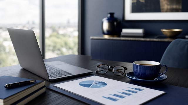Wealth advisory desk with a laptop and printed portfolio chart in daylight
