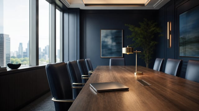 Empty advisory conference room with a long table and tall windows in soft light