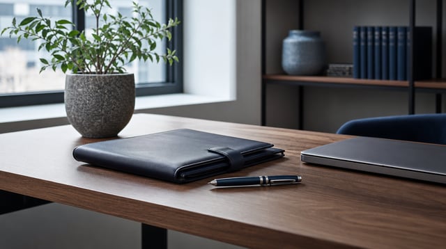 Walnut desk with a leather folio, pen, and laptop in soft window light