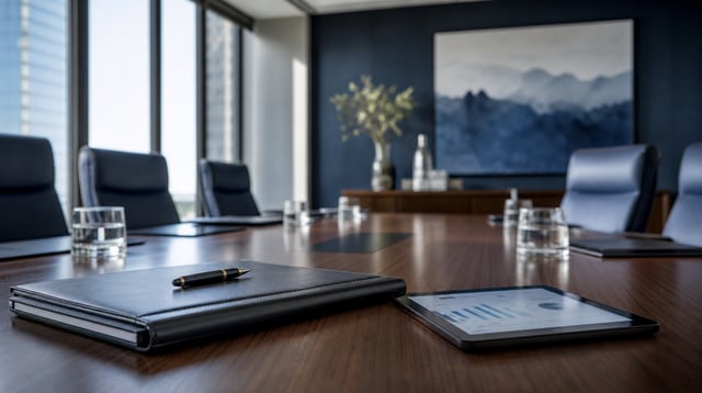 Conference table with leather portfolio, pen, and tablet showing blurred financial charts