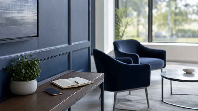 Modern advisory office waiting area with a planner and smartphone on a console table