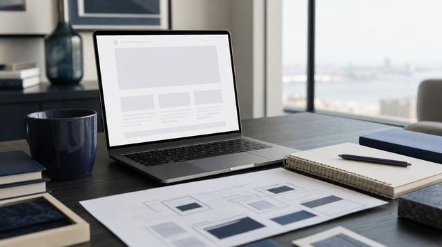 Marketing workspace with laptop and wireframe sketches at a wealth management firm