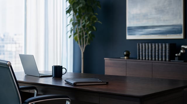 Wealth management office desk with laptop and portfolio in daylight