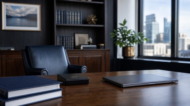 Quiet wealth management office with leather chairs and bound financial reports in natural light