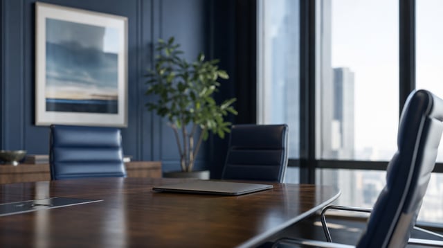Wealth management conference room with wooden table, laptop, and leather chairs