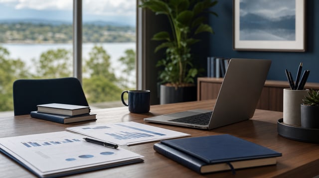 Advisory desk with planning documents and a laptop in soft natural light