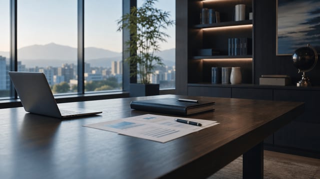Desk with laptop and financial documents in a quiet wealth management office with soft natural light