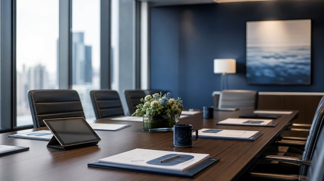 Conference room table with portfolio reports and a tablet in a wealth management office