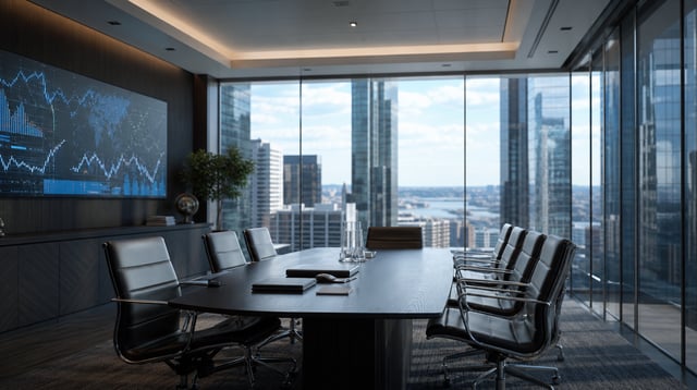 Modern investment consulting office with a glass conference room and soft blue tones