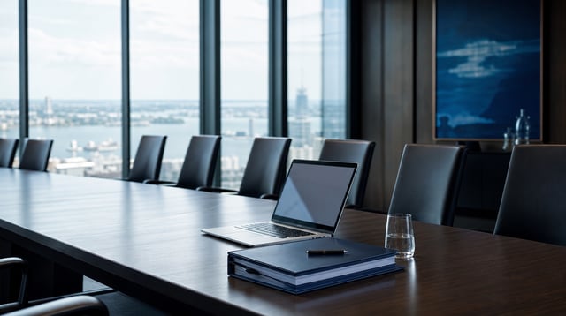 Conference table and windows in a boardroom at an investment management firm