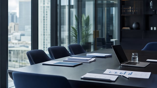 Investment office interior with reports and laptop in soft daylight