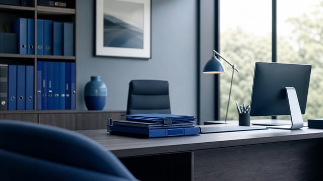 Insurance office desk with policy folders and computer in blue tones