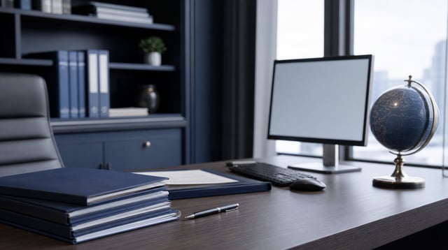 Insurance office desk with document folders and a blank monitor in soft light
