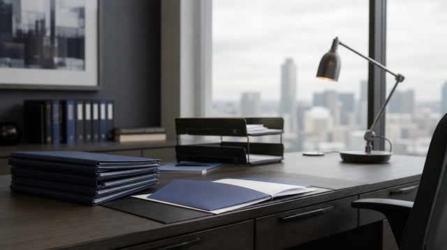 Organized insurance filing folders and documents on a tidy office desk near a window