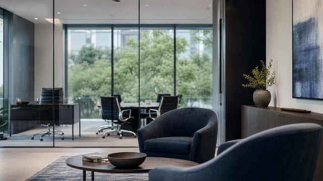 Modern insurance office lounge with glass table and floor to ceiling windows