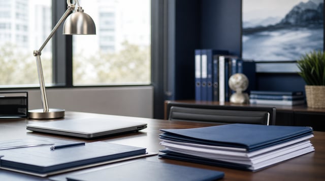Insurance office desk with policy folders and a laptop in soft window light