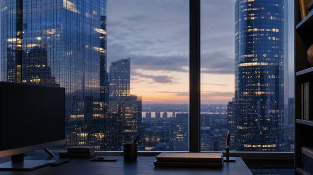 Office window overlooking a financial district at dusk