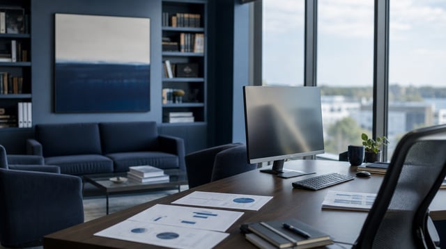 Investment management office desk with reports and computer