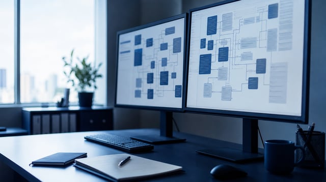 Project workspace with monitors showing abstract data diagrams in cool daylight