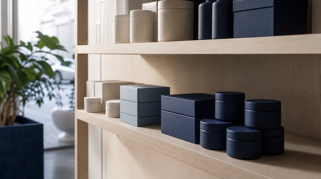 Unbranded product jars and boxes on a wooden shelf in soft natural light with blue tones