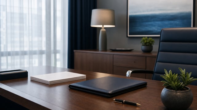 Calm office desk with portfolio, pen, and plant in soft daylight