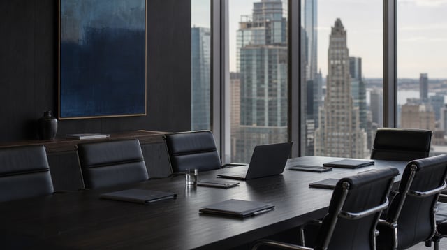 Boardroom with a long wood table, leather chairs, and a city skyline view