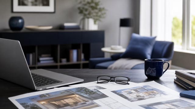 Bright office desk with laptop and printed plan comparison sheets