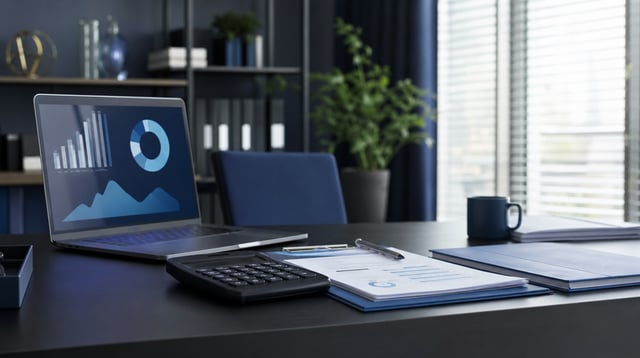 Modern finance office with lending documents and soft light