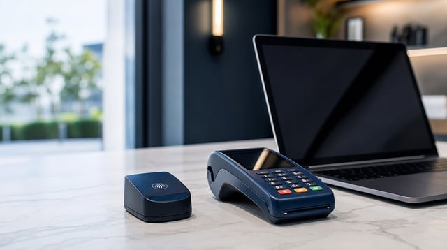 Payment terminal and laptop on a desk in soft daylight