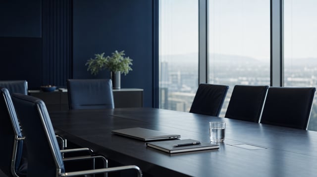 Private equity conference room with a long table and soft window light