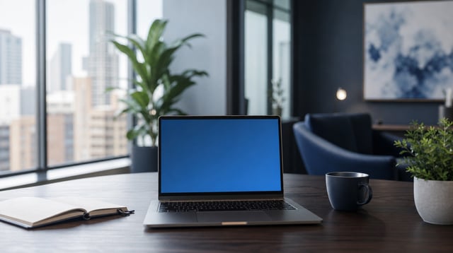 Bright office desk with laptop, notebook, and coffee cup by large windows