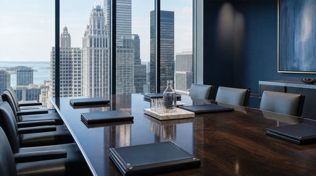 Private equity conference room with skyline view and leather folders