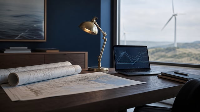 Dark wood desk with rolled maps, a brass lamp, and a laptop in an energy office