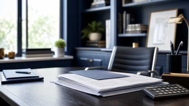 Mortgage lending office desk with loan documents and calculator