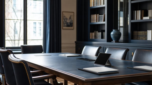 Family office meeting room with long table and soft window light