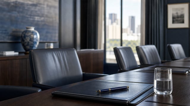 Family office meeting room table with a leather portfolio and soft daylight