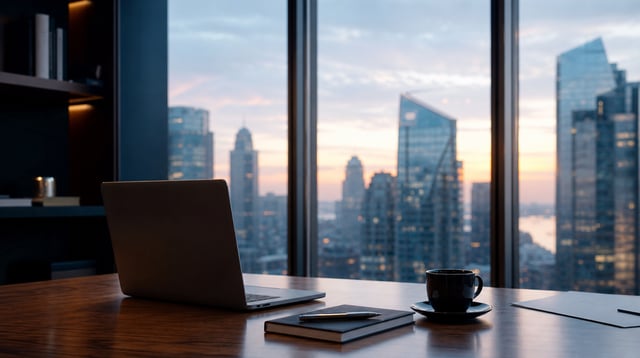 Modern office desk with laptop and notebook beside a window with a soft city skyline at dusk
