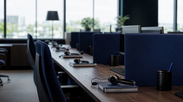 Customer support desks with headsets in a call center office in soft natural light
