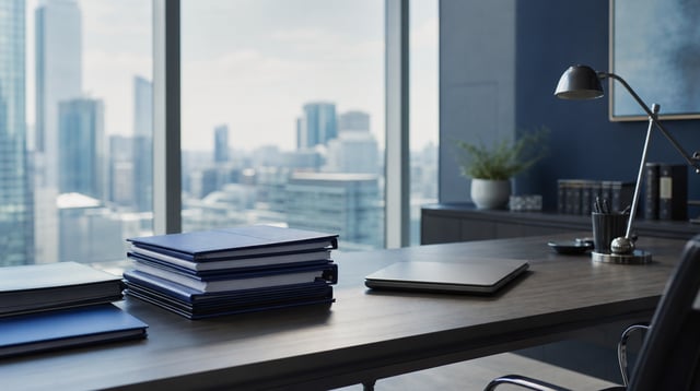 Corporate finance office desk with document folders and soft window light in blue tones