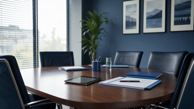 Insurance agency conference room with policy documents on a table