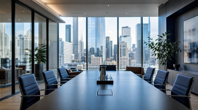 Modern advisory office lobby with glass walls and an empty conference table
